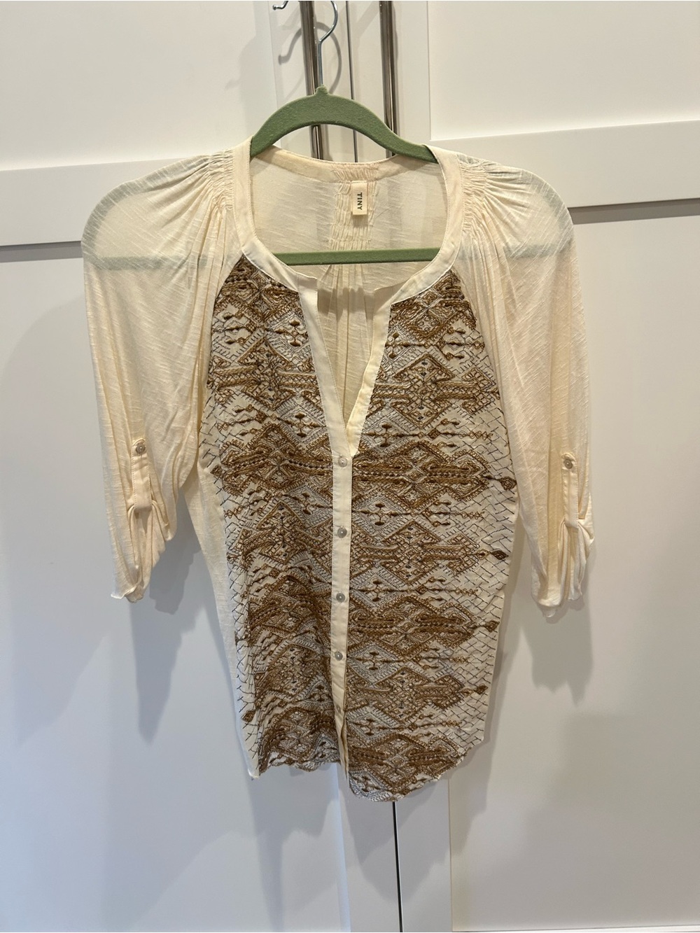 Tiny - Anthropologie - Lightweight Cream Button-Front Top w/ metallic embroidery
